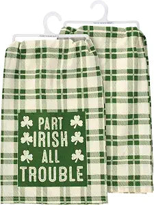 Primitives by Kathy Decorative Kitchen Towel Green Plaid with a Sassy Part Irish All Trouble Sentiment with Shamrock Design, Fun Seasonal Accent for Your Kitchen dcor