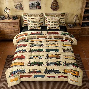 Feelyou Steam Trains Wooden Comforter with Sheet Set Twin Size 7 Pieces Vintage Train Bedding Set for Kids Boys Girls Locomotives Rail Bed in a Bag Transport Bedroom Decor