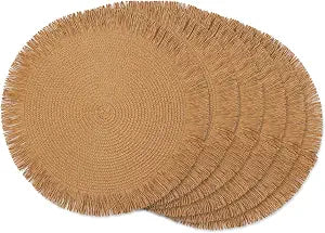 DII Woven Kitchen Collection Round Placemat Set, 15" Round, Natural Fringe, 6 Piece