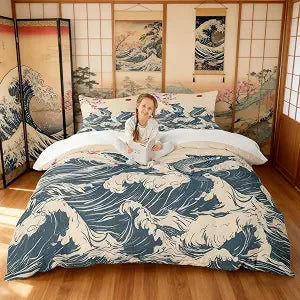 Manfei Waves Bedding Set Queen Size,Koi Cherry Blossom Sunrise Duvet Cover with 2 Pillowcases,Japanese Art Landscape Comforter Cover for Kids Teens Room Decor,Soft Romantic Natural Quilt Cover
