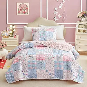 Joyreap Twin Size Quilt Set for Girls, Pink n Blue Floral Patchwork Design, 2 Pieces Soft n Cozy Microfiber Quilt, Bedspread Bed Cover for All Season- 68x88 inches