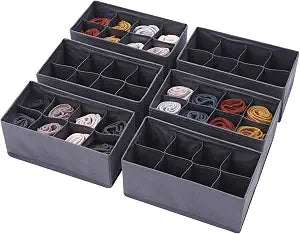 DIOMMELL 6 Pack Foldable Cloth Storage Box Closet Dresser Drawer Organizer Fabric Baskets Bins Containers Divider for Clothes Underwear Socks Lingerie Clothing, Dark Grey 00-0600