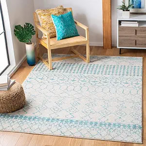 SAFAVIEH Area Rug 4x6 - Tulum Collection - Ivory & Turquoise, Moroccan Boho Distressed Design, Non-Shedding & Easy to Clean, Ideal for Living Room, Bedroom, Dining Space (TUL229P)