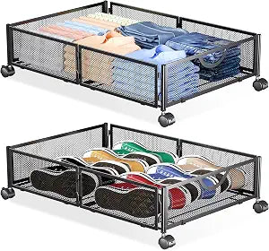 Yecaye Under Bed Storage with Wheels, 2 Pack Under Bed Shoe Storage, Black