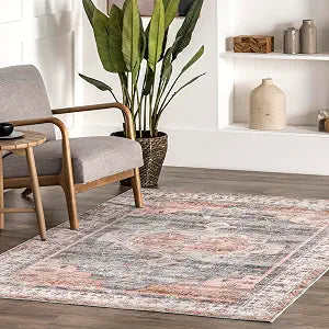 Nuloom SpinClean Banks Light Orange/Light Grey, 4' x 6', Vintage, Soft and Cozy, High Traffic, Stain Resistant, Easy Clean, Durable, Machine Washable Area Rug for Bedroom, Living Room, Dining, Foyer
