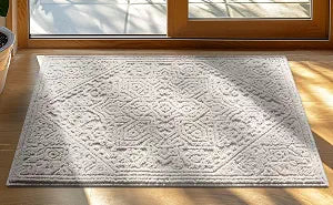 Well Woven Harlow Collection Cloud Medallion Ivory - Modern Tribal Minimalist 2x3 (2'3" x 3'11") Accent Mat Rug - Ideal for Entryway & Kitchen - Durable, Stain Resistant & Easy to Clean