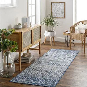 Livabliss Area Rugs - 2x8 Chester Boho Moroccan Blue Runner Rug for Living Room Bedroom - Gray White Geometric Stain Resistant Carpet for Nursery, Kitchen And Office (2'7" x 7'7")