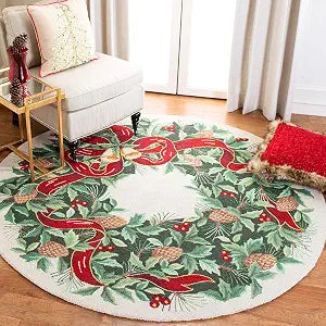 SAFAVIEH Vintage Poster Collection Area Rug - 2' Round, Ivory & Green, Handmade Christmas Wreath Novelty Wool, Ideal for High Traffic Areas in Living Room, Bedroom (VP323B)