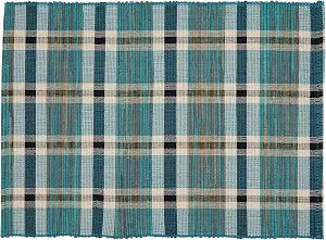 SARO LIFESTYLE Kalama Collection Plaid Woven Water Hyacinth Table Runner, 14" x 20", Turquoise