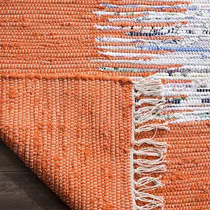 SAFAVIEH Montauk Collection Area Rug - 4' Square, Ivory & Orange, Handmade Stripe Fringe Cotton, Ideal for High Traffic Areas in Living Room, Bedroom (MTK711C)