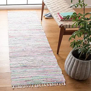 SAFAVIEH Rag Rug Collection Runner Rug - 2'3" x 8', Light Green & Multi, Handmade Boho Stripe Cotton, Ideal for High Traffic Areas in Living Room, Bedroom (RAR125D)
