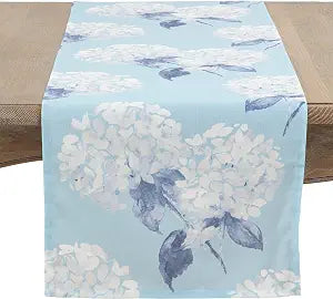 SARO LIFESTYLE Printed Hydrangea Table Runner, Aqua, 16" x 90"