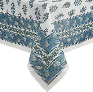 Tropez Block Print Stain & Water Resistant Indoor/Outdoor Tablecloth, Multicolor - 60" W x 84" L