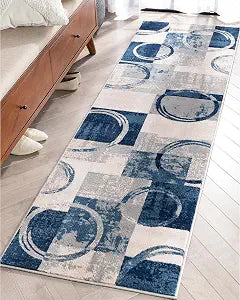 Well Woven Barclay Collection Boxes & Circles Geometric Shai Grey & Blue Runner Rug 2x7 (2'3" x 7'3") - for Hallways, Kitchens, and Entryways