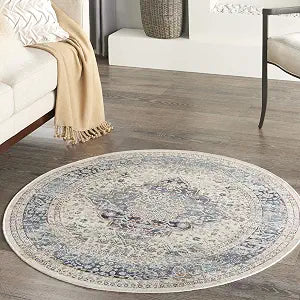 Nourison Home Vintage Kashan Vintage Ivory Blue 4' x Round Area -Rug, Easy Clean, Non Shedding, Bed Room, Living Room, Dining Room, Kitchen (4 Round)