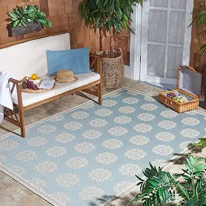 SAFAVIEH Washable Rug Outdoor Beach House Collection - 4' Square, Aqua & Cream, Non-Shedding & Easy to Clean, Ideal for Patio, Backyard, Mudroom (BHS181K)