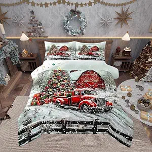 Red Car Full Size Comforter Set,Christmas Tree Bedding Set for Adults Teens,Children Snow Scene Comforter Luxury Bow and Bell Quilt Set Room Decor 3Pcs