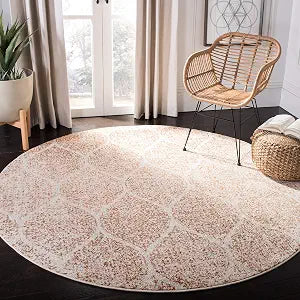 SAFAVIEH Madison Collection Area Rug - 5'3" Round, Cream & Orange, Glam Ogee Trellis Distressed Design, Non-Shedding & Easy Care, Ideal for High Traffic Areas in Living Room, Bedroom (MAD604H)
