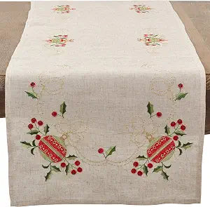Saro Lifestyle Embroidered Ornament Design Linen Blend Table Runner, Natural, 16"x90"