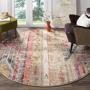 SAFAVIEH Monaco Collection Area Rug - 4' Round, Light Grey & Multi, Boho Chic Tribal Distressed Design, Non-Shedding & Easy Care, Ideal for High Traffic Areas in Living Room, Bedroom (MNC222G)