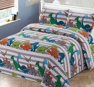 3pc Full/Queen Bedspread Coverlet Quilt Set for Kids Multi-Color Dinosaurs Stripe Quilt Grey Orange White Green Blue.