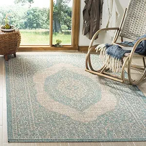 SAFAVIEH Washable Rug Outdoor Courtyard Collection - 4' Square, Light Grey & Aqua Blue, Non-Shedding & Easy Cleaning, Ideal for Patio, Backyard, Mudroom (CY8751-37112)