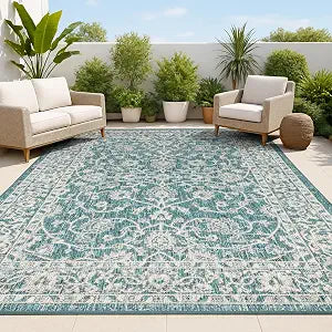 JONATHAN Y Vine and Border Indoor Outdoor Area Rug 3X5 Teal/Gray, Palazzo Textured Weave for Backyard, Patio, Porch, Easy-Cleaning, High Traffic, Pet-Friendly, Non-Shedding (SMB103B-3)