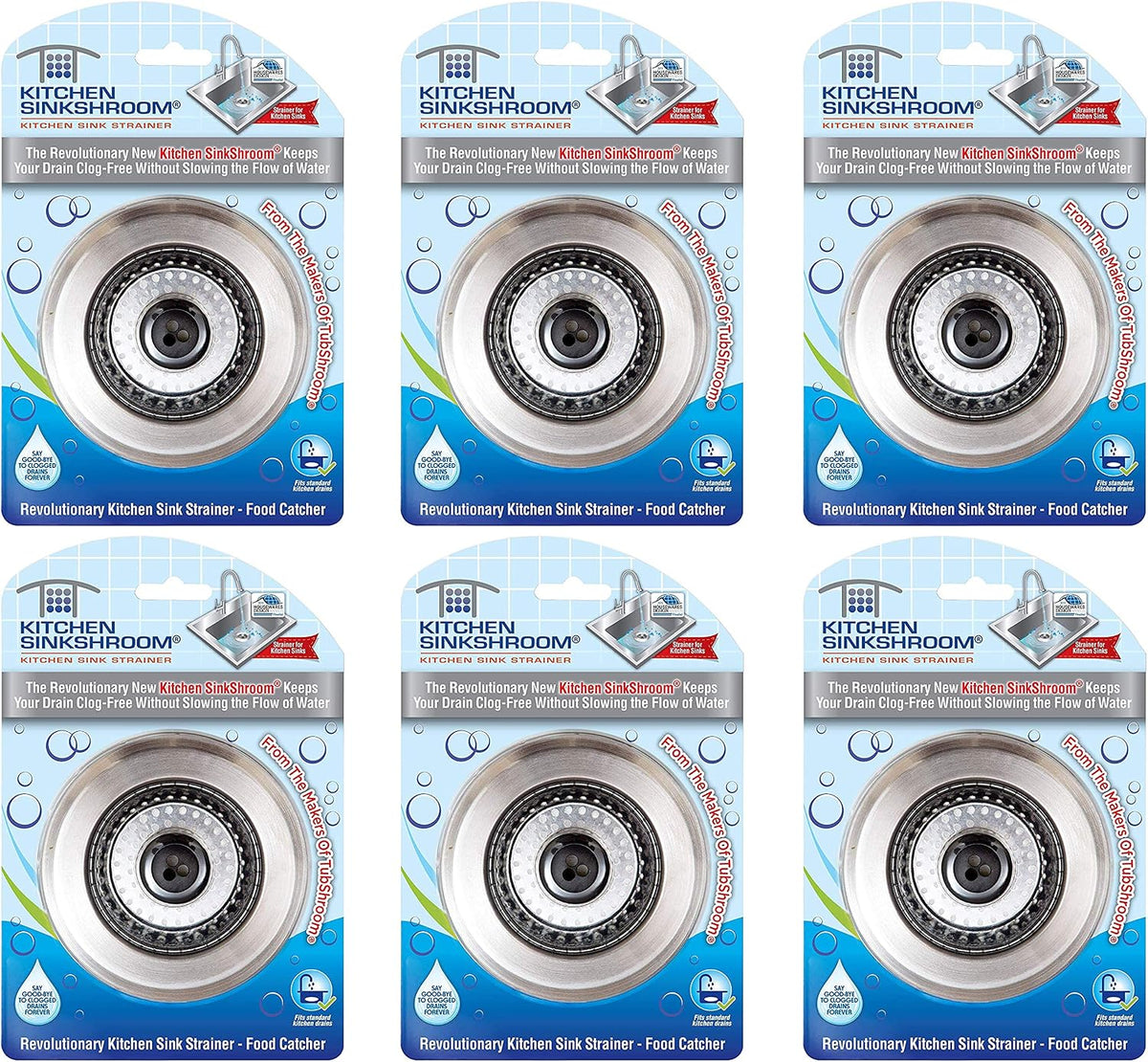 Kitchen SinkShroom Revolutionary Clog-Free Stainless Steel Sink Strainer, Black, 6-Pack