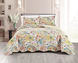 Grand Linen 2-Piece Twin Size Quilt Set 66" X 90" All-Season Wave Edged Bedspread, Pillow Shams. Lightweight Soft Coverlet in White Red Grey Gold Colors and Boho Paisley Pattern