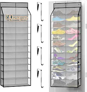 Kotkn 24-Pair Over Door Shoe Organizer for Family & Kids, Double Sided | Hanging Storage for Sneakers, Boots, Toys & Room Organization-Graphite Gray