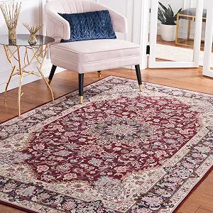 SAFAVIEH Washable Rug Tucson Collection - 4' Square, Red & Navy, Slip Resistant & Easy to Clean, Ideal for Foyer, Kitchen, Nursery, Office, Bedroom (TSN135Q)