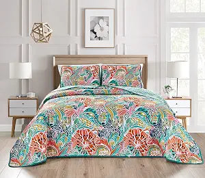 Grand Linen 3-Piece Quilt Set, Full Size, Turquoise Blue Orange