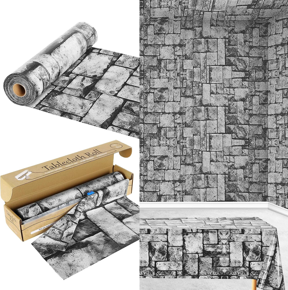 100FT x 54IN Stone Wall Plastic Tablecloth Roll with Slide Cutter Box