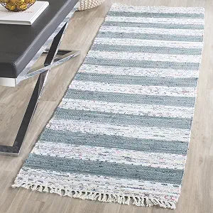 SAFAVIEH Montauk Collection Runner Rug - 2'3" x 7', Ivory & Grey, Handmade Stripe Fringe Cotton, Ideal for High Traffic Areas in Living Room, Bedroom (MTK720A)