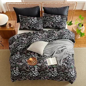 Sedefen Floral Duvet Cover Set King Black Botanical Flower Bedding