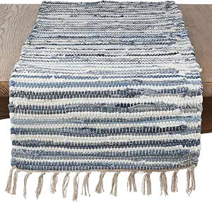 SARO LIFESTYLE 4873.DN1672B Gnes Collection Striped Denim Chindi Dining Room Table Runner 16" x 72"