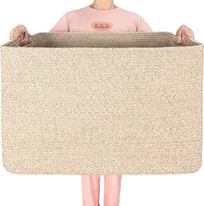 MINTWOOD Design 112L Extra Large Blanket Basket Holder Living Room, 25"x17"x16" Rectangle Rope Woven Storage Basket with Handles for Laundry, Towels, Shoes, Dog Toy Organizer Bin Box, Oatmeal Brown
