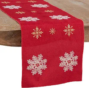 Saro Lifestyle Embroidered Snowflake Design Table Runner, Red, 16"x108"