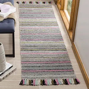 SAFAVIEH Montauk Collection Runner Rug - 2'3" x 8', Black & Multi, Handmade Boho Stripe Fringe Cotton, Ideal for High Traffic Areas in Living Room, Bedroom (MTK901B)