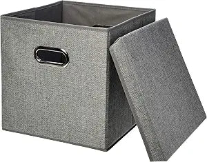 Amazon Basics Foldable Burlap Cloth Cube Storage Bins with Lid, Collapsible Organizing Containers, Stackable and Sturdy, Gray, Set of 2
