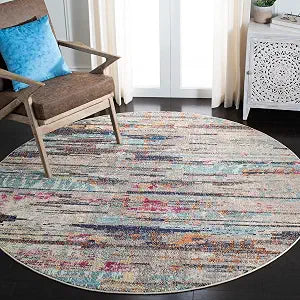 SAFAVIEH Madison Collection 3' Round Grey / Turquoise MAD419F Boho Abstract Distressed Non-Shedding Dining Room Entryway Foyer Living Room Bedroom Area Rug