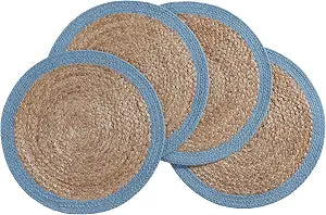 Laura Ashley 15 inch Round Braided Jute Placemats, Set of 4, Solid Blue