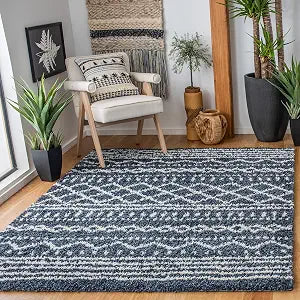 SAFAVIEH Arizona Shag Collection Area Rug - 3'2" x 5', Slate Blue & Ivory, Moroccan Boho Design, Non-Shedding & Easy to Clean, Ideal for Living Room, Bedroom, Dining Space (ASG741L)