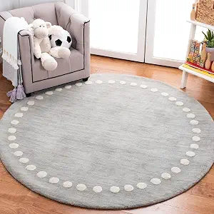 SAFAVIEH Kids Collection Area Rug - 3' Round, Grey, Handmade Wool, Polka Dot Border Design, Ideal for The Living Room, Bedroom, Dining Room, Kids Room, Nursery (SFK802F-3R)