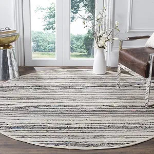 SAFAVIEH Rag Rug Collection Area Rug - 4' Round, Ivory & Charcoal, Handmade Boho Stripe Cotton, Ideal for High Traffic Areas in Living Room, Bedroom (RAR126Q)