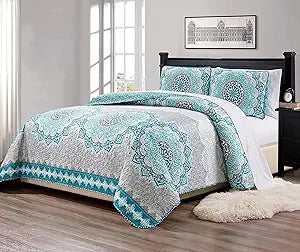 Mk Collection 3pc King/California King Bedspread Quilt Over Size 118" x 95" Aqua Turquoise Coastal Plain Grey Green White Elegant Design # Oslo Aqua