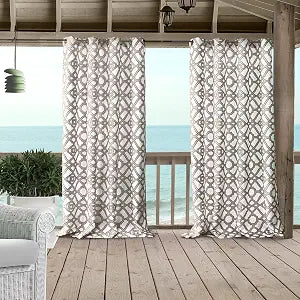 Elrene Home Fashions Marin Indoor/Outdoor Geometric Ironwork Print Grommet Window Curtain Panel for Patio, Pergola, Porch, Deck, and Lanai, 50"x108", Natural