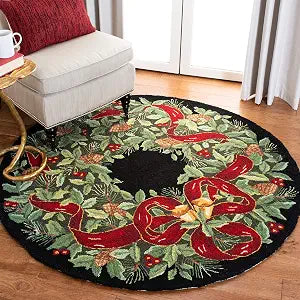 SAFAVIEH Vintage Poster Collection Area Rug - 2' Round, Black & Green, Handmade Christmas Wreath Novelty Wool, Ideal for High Traffic Areas in Living Room, Bedroom (VP323A)