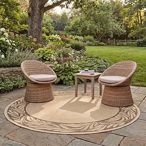 SAFAVIEH Washable Rug Outdoor Courtyard Collection - 5'3" Round, Natural & Brown, Non-Shedding & Easy Cleaning, Ideal for Patio, Backyard, Mudroom (CY1551-3001)