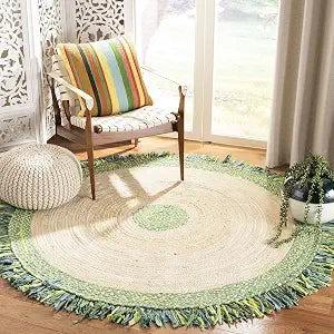SAFAVIEH Cape Cod Collection Area Rug - 4' Round, Green & Natural, Handmade Boho Fringe Jute & Cotton, Ideal for High Traffic Areas in Living Room, Bedroom (CAP212Y)